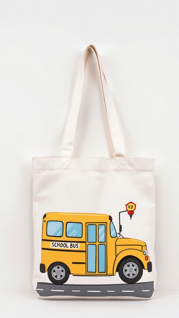 A personalized tote bag featuring a bus design, hung on a bus seat.