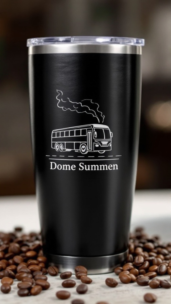 Personalized travel mug featuring a bus design on a bed of coffee beans.