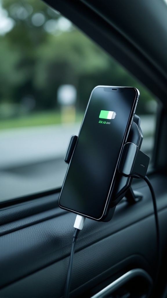 A person holding a steering wheel with a phone mounted, plugged into a charger.