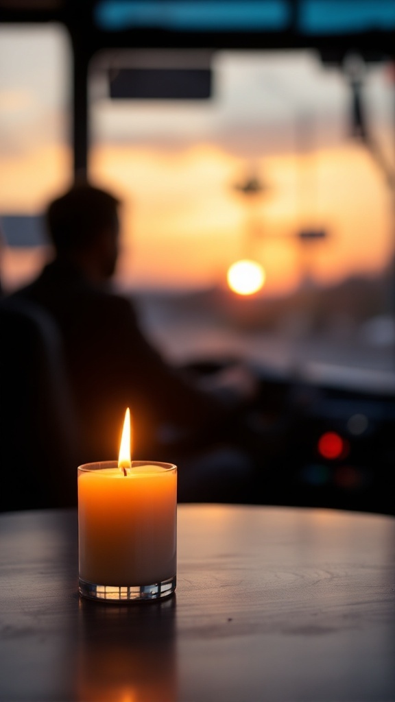 A lit scented candle on a table with a bus driver in the background during sunset.