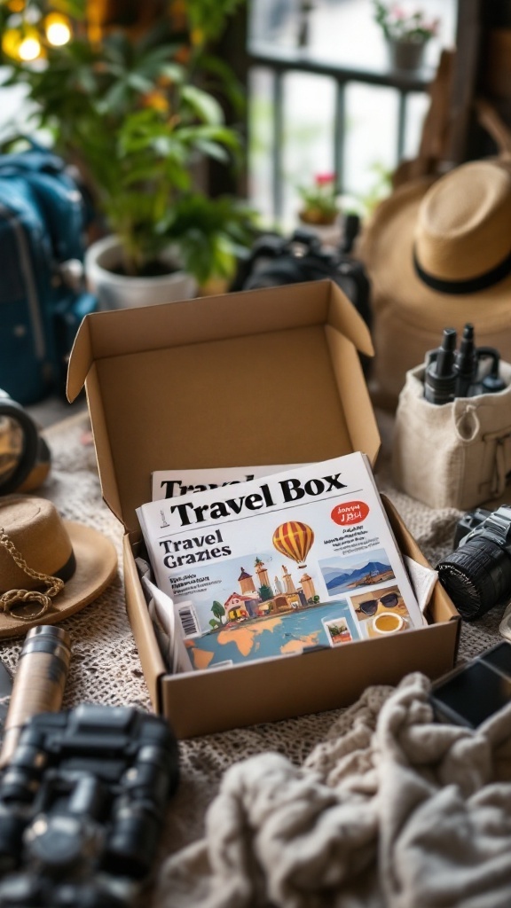 An open box containing travel magazines surrounded by travel gear