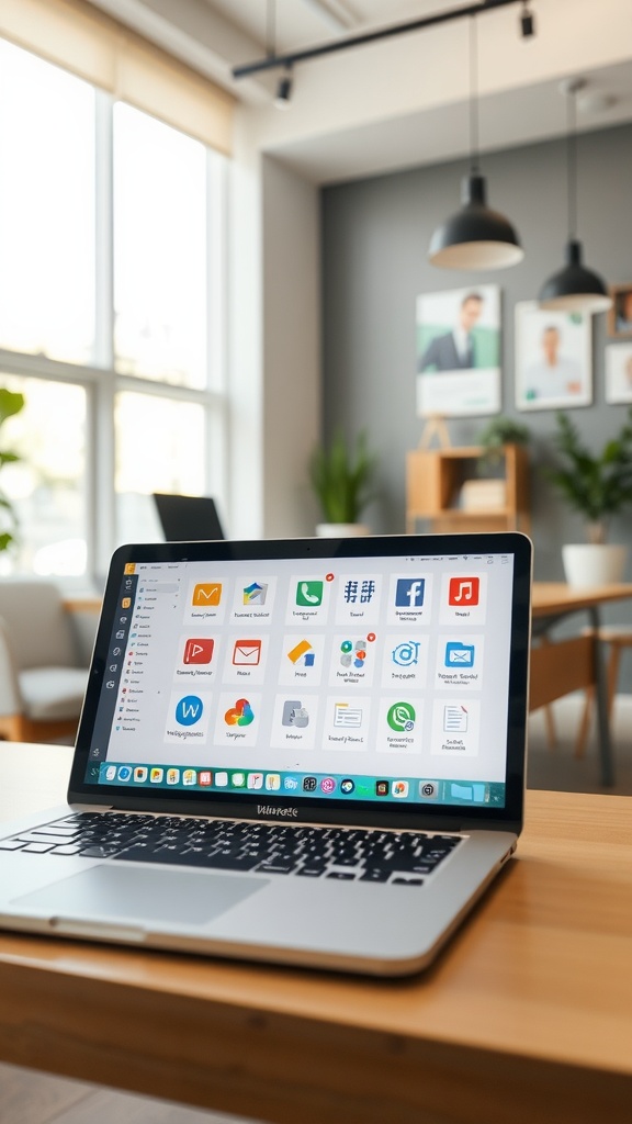 A laptop displaying various productivity apps on the screen in a modern workspace.