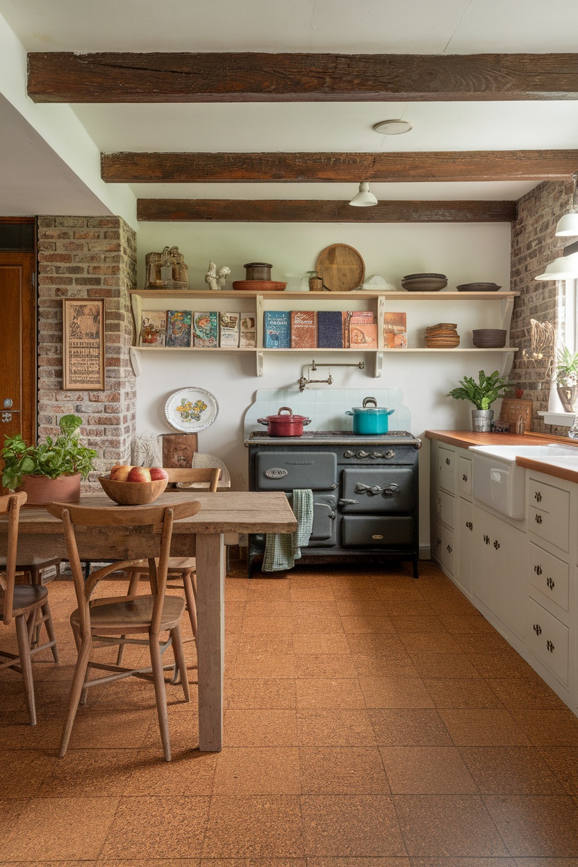 A cozy kitchen featuring cork flooring, a wooden table, and a vintage stove.