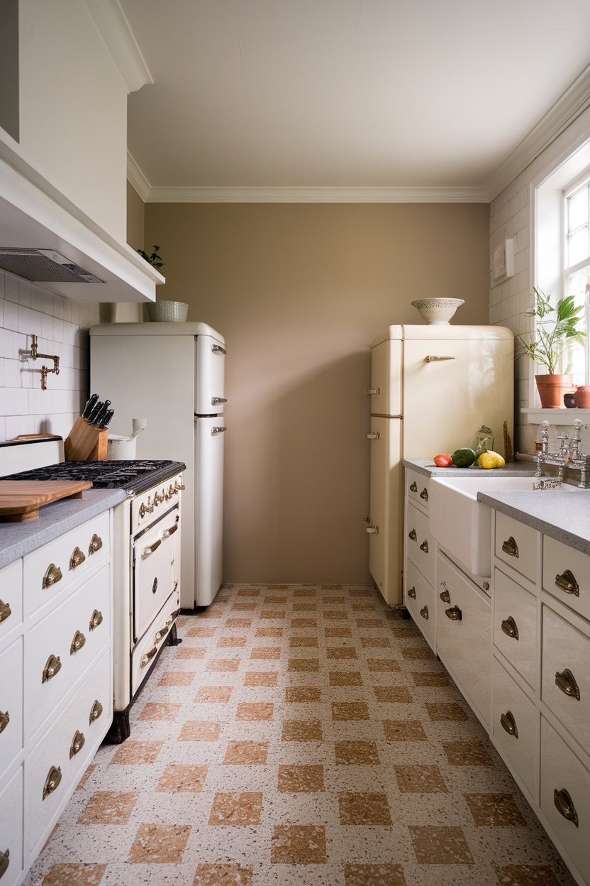 A cozy vintage kitchen with terrazzo flooring, featuring white cabinets and retro appliances.