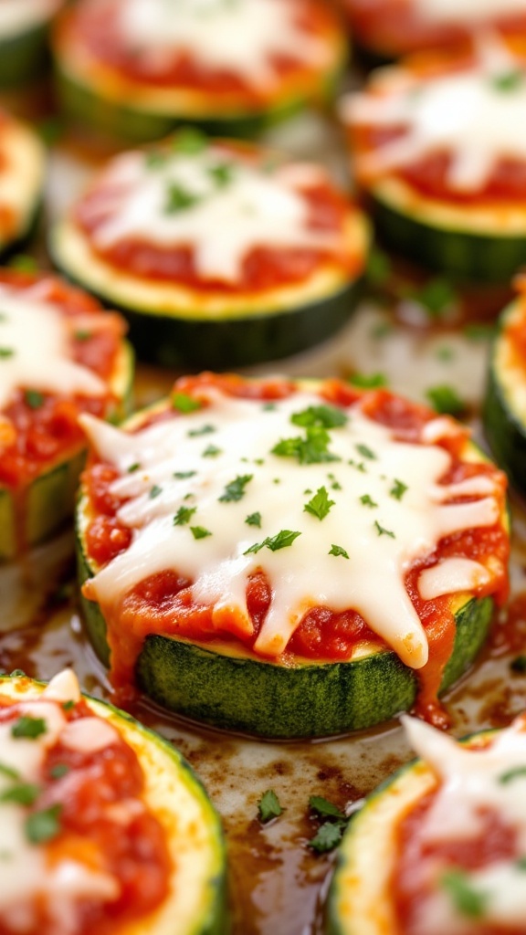 Zucchini pizza bites topped with sauce and cheese