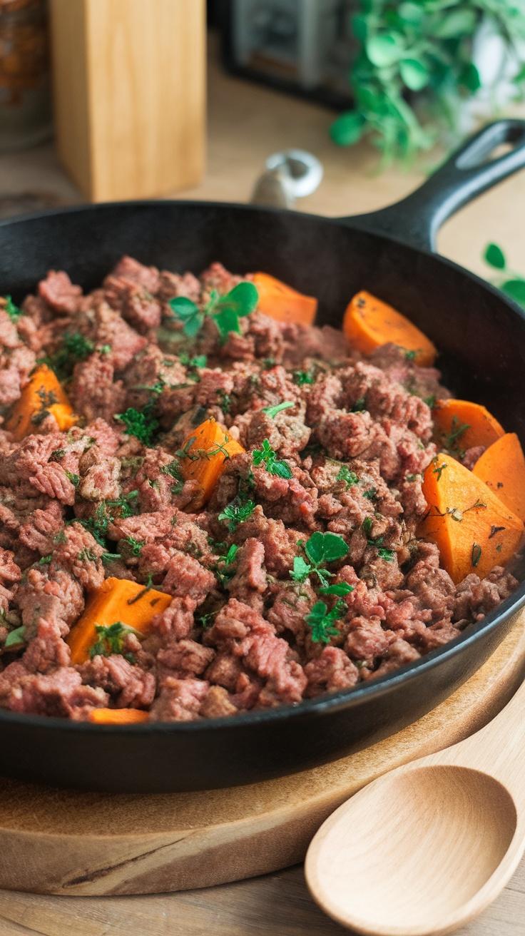 A skillet with cooked ground beef and sweet potato chunks, garnished with green herbs.