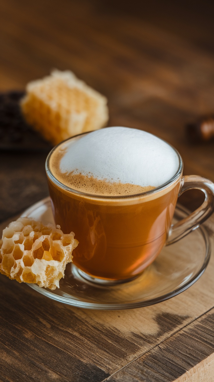 A cup of Brazilian Honey Coffee with honeycomb on the side