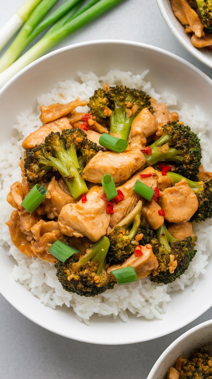 A bowl of chicken and broccoli stir-fry over rice, garnished with green onions and red chilies.