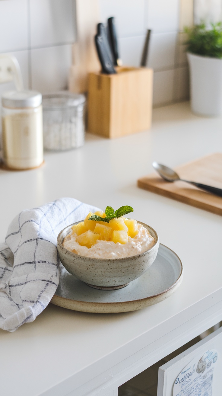 A bowl of cottage cheese topped with pineapple chunks and a mint leaf, placed on a kitchen countertop.