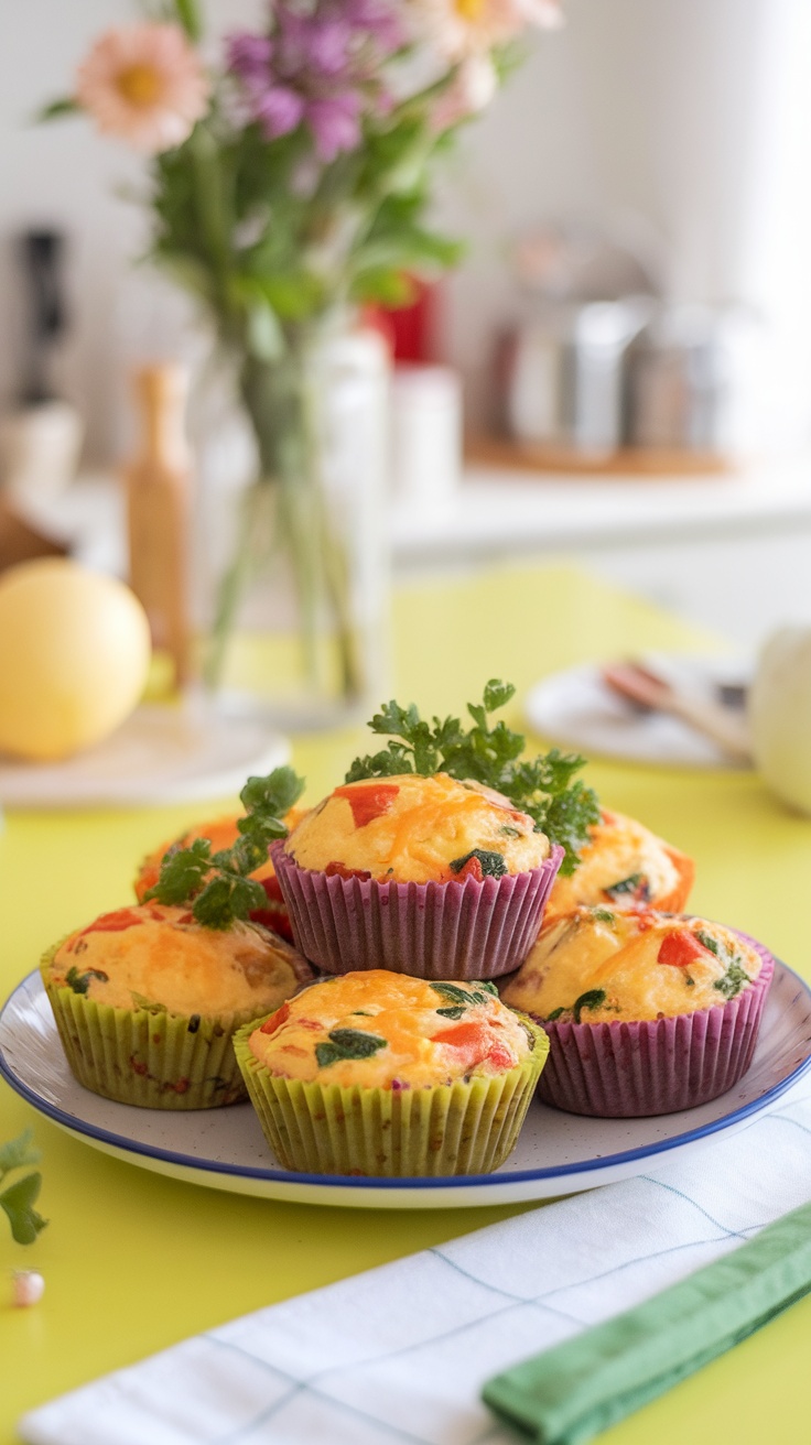 A plate of colorful egg muffins topped with herbs, on a bright yellow table.