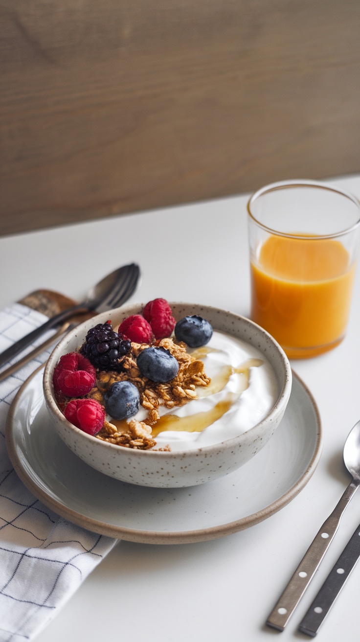 A bowl of Greek yogurt topped with granola and mixed berries, accompanied by a glass of orange juice.