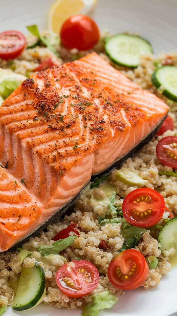 A plate of grilled salmon on a bed of quinoa salad with cherry tomatoes, cucumber, and a lemon wedge