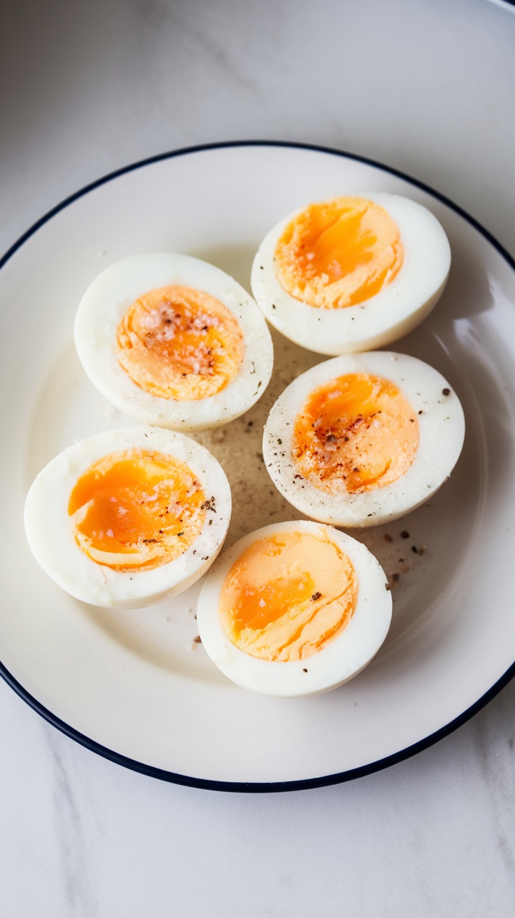 A plate of halved hard-boiled eggs sprinkled with salt and pepper.