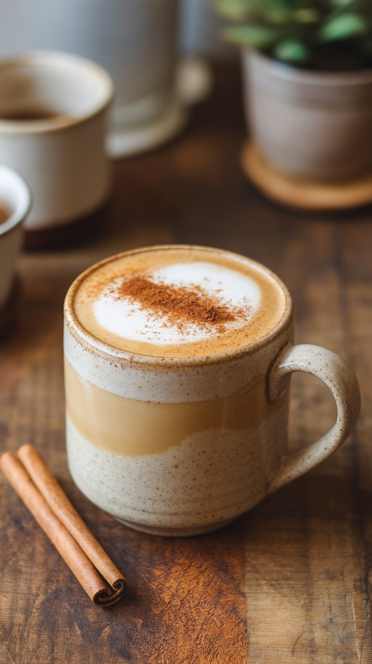 A cozy honey cinnamon latte in a speckled mug with cinnamon sticks beside it.