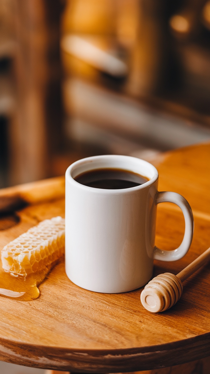 A white mug filled with coffee, honeycomb, and a honey dipper on a wooden table.