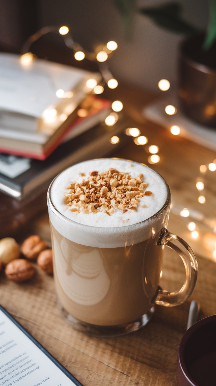 A Honey Hazelnut Latte topped with crushed nuts, surrounded by cozy decor.