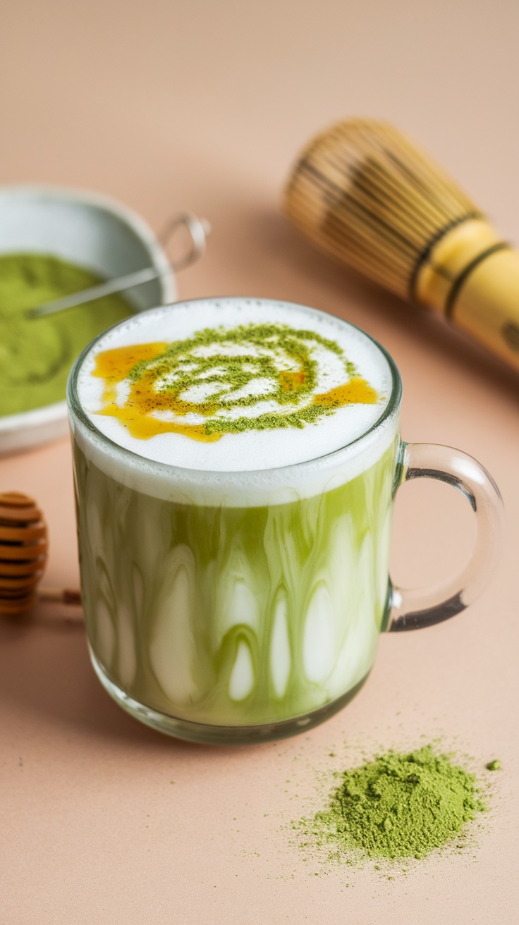 A delicious Honey Matcha Latte with a swirl of honey and matcha on top.