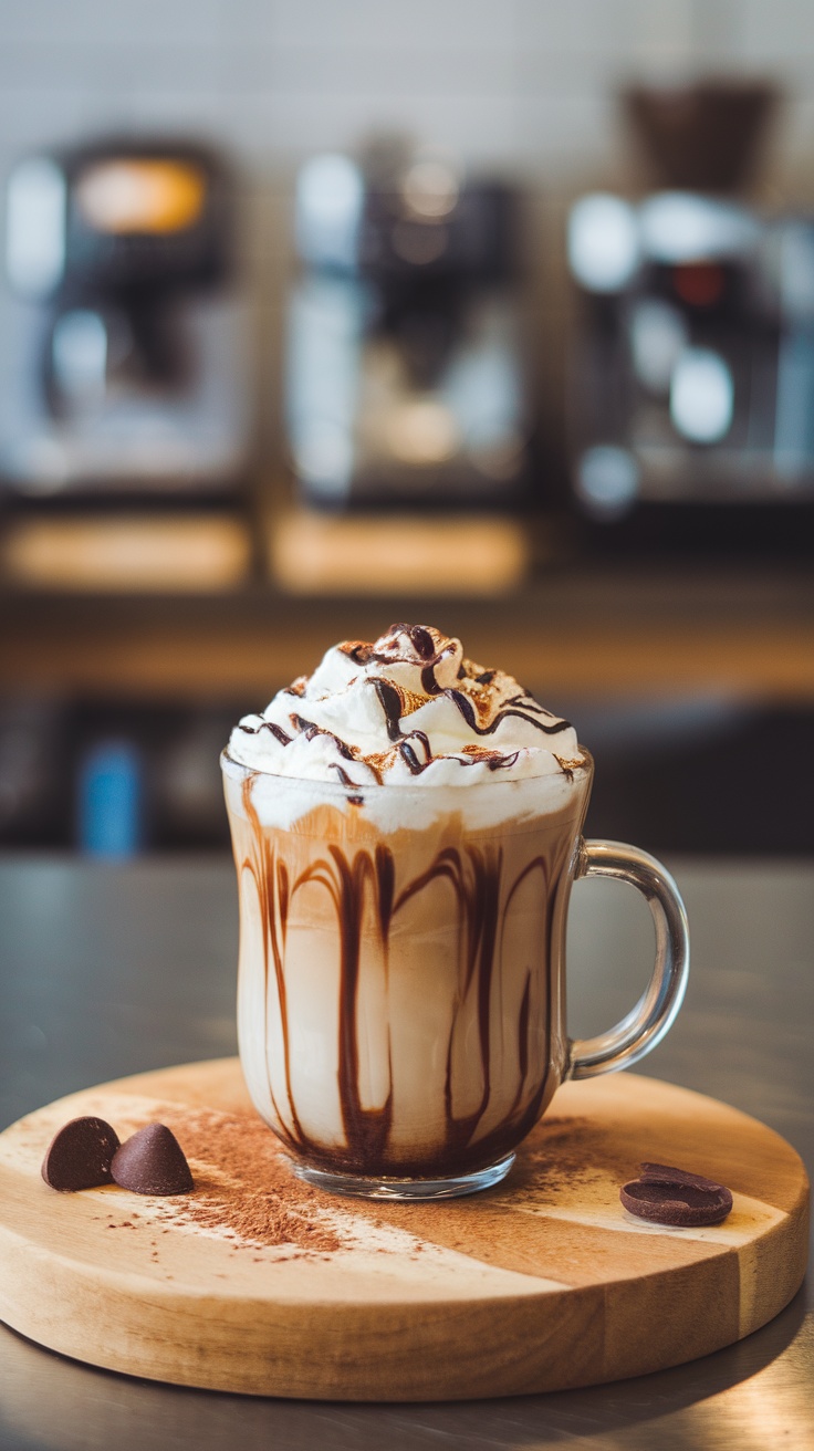 A delicious Honey Mocha Delight with whipped cream and chocolate drizzle.