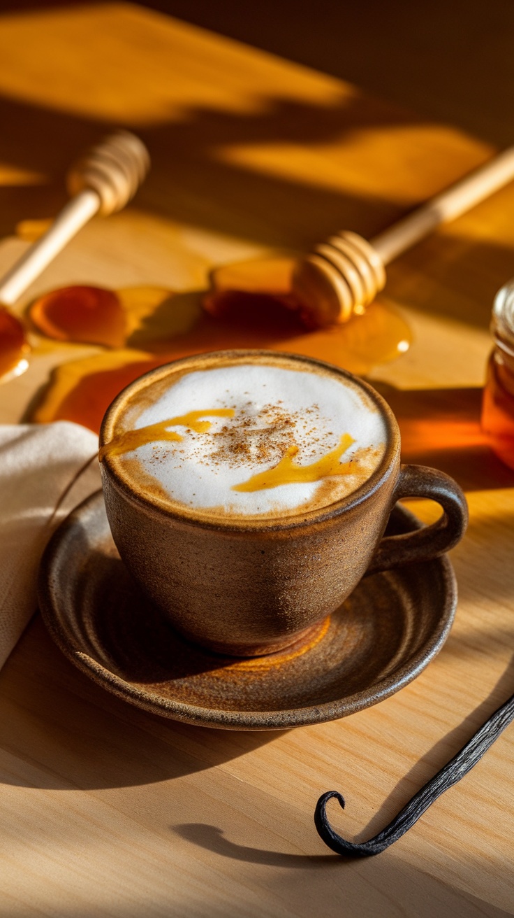 A close-up of a honey vanilla cappuccino topped with frothy milk and vanilla sticks.