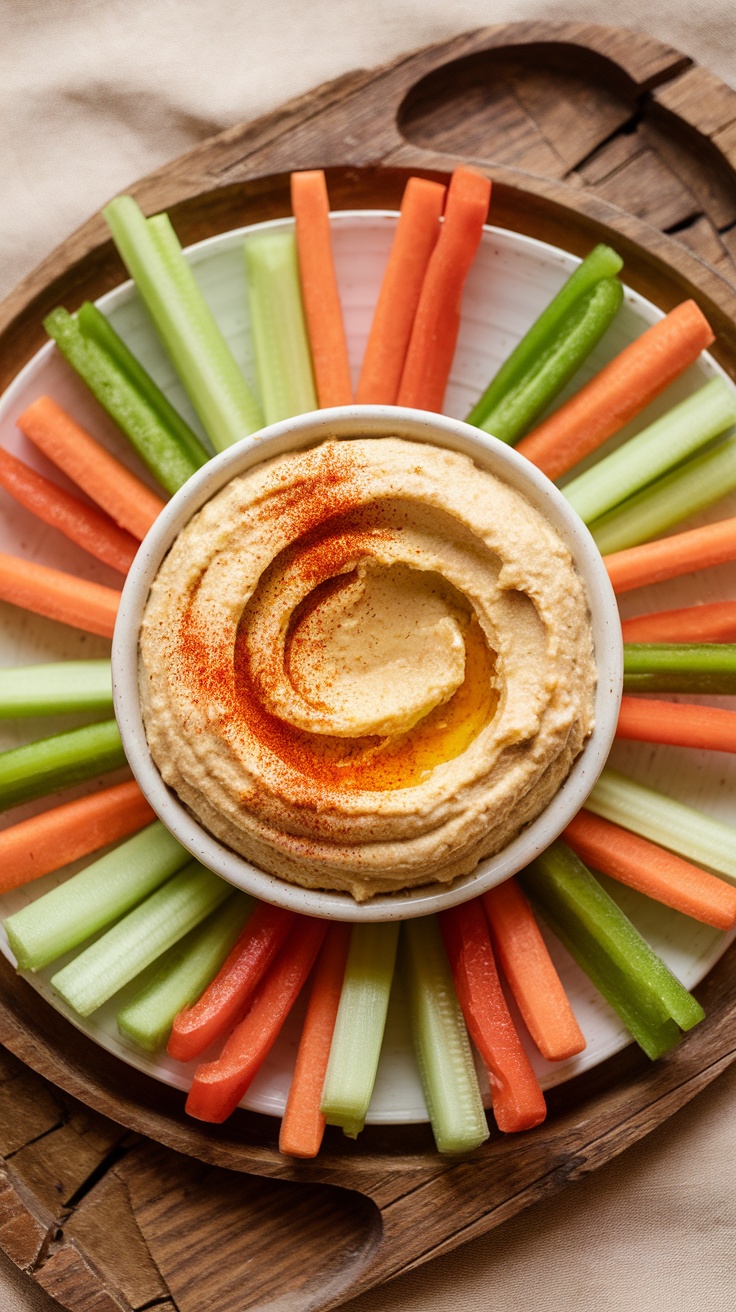 A plate of hummus surrounded by colorful carrot and celery sticks.