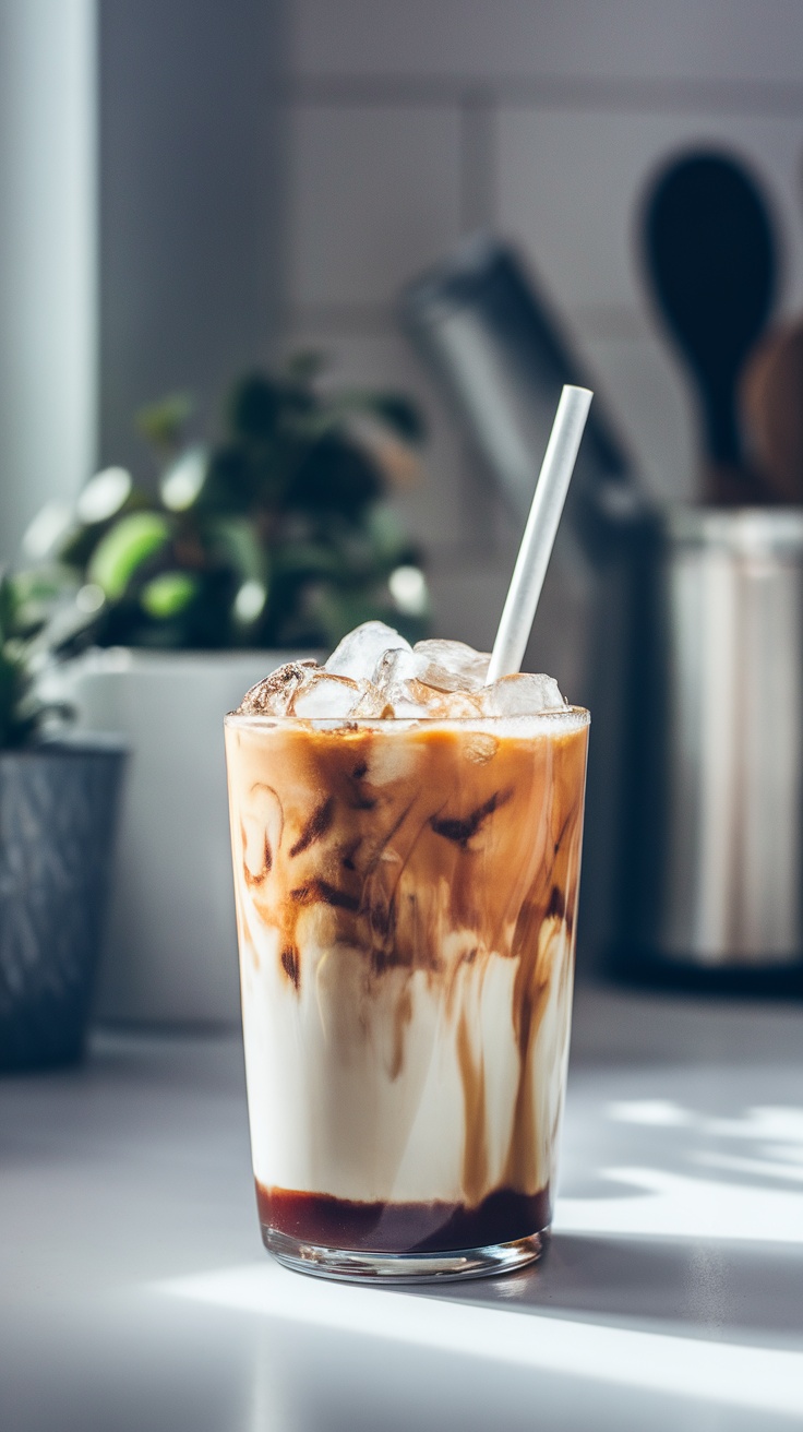 A glass of iced honey almond milk coffee with ice cubes and a straw.