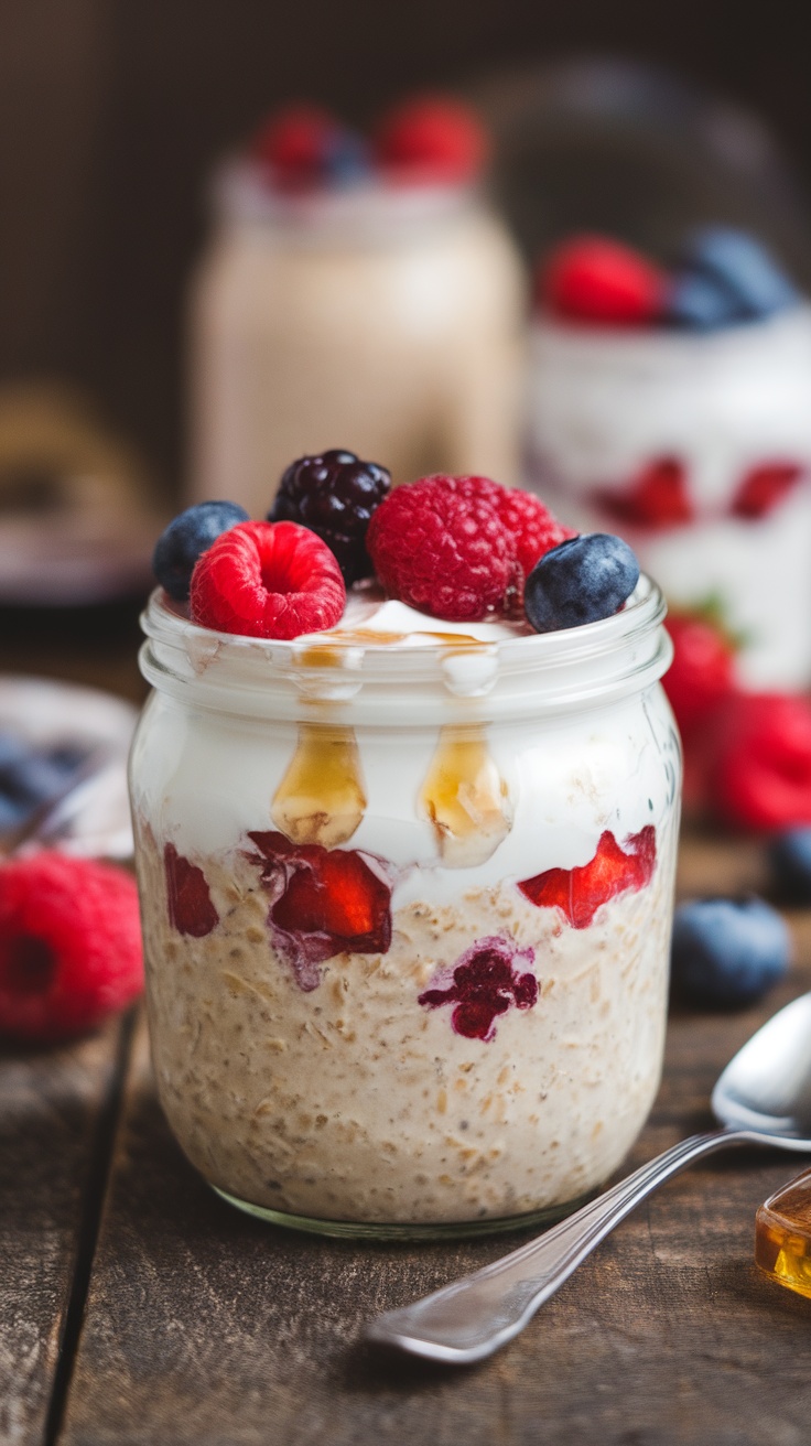 A jar of overnight oats layered with Greek yogurt, fresh berries, and a drizzle of honey.