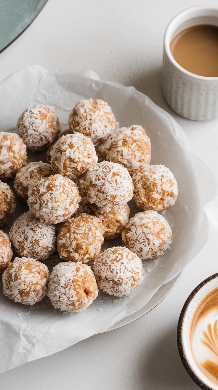 A plate of protein energy bites covered in shredded coconut, next to a cup of coffee.