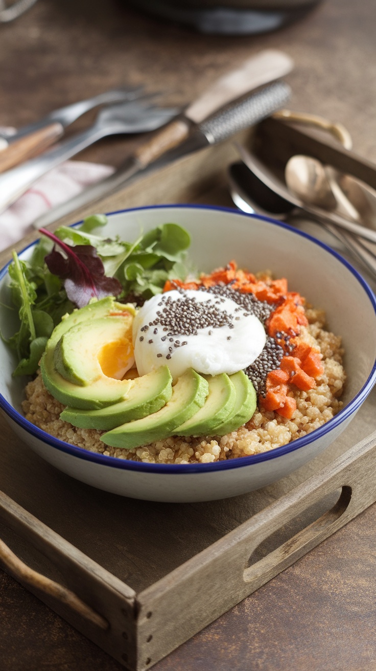 A delicious quinoa breakfast bowl with avocado, poached egg, and colorful toppings on a wooden tray.