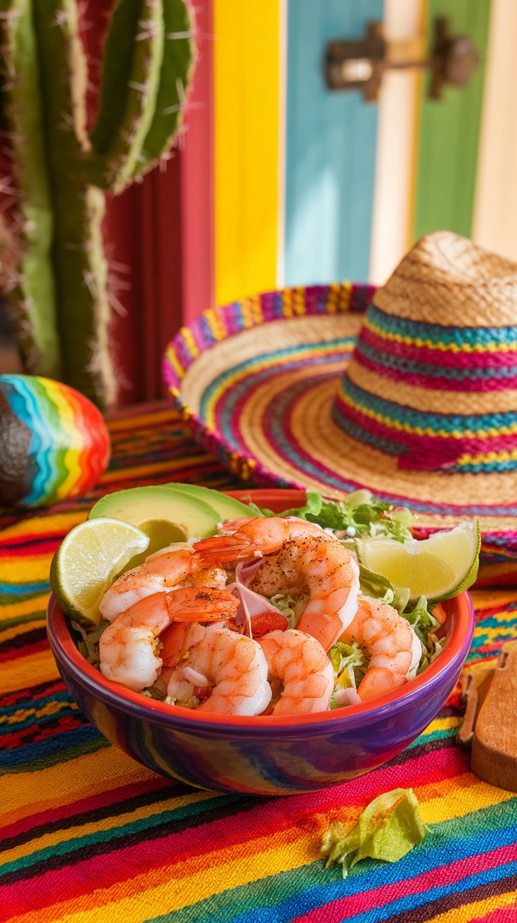 A vibrant bowl of shrimp taco ingredients with lime wedges and fresh vegetables.