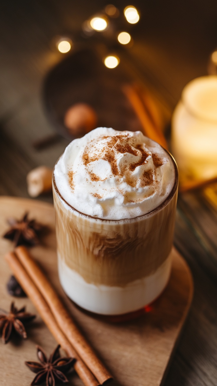 A glass of spiced honey coffee topped with whipped cream and a sprinkle of cinnamon, surrounded by cinnamon sticks and star anise.