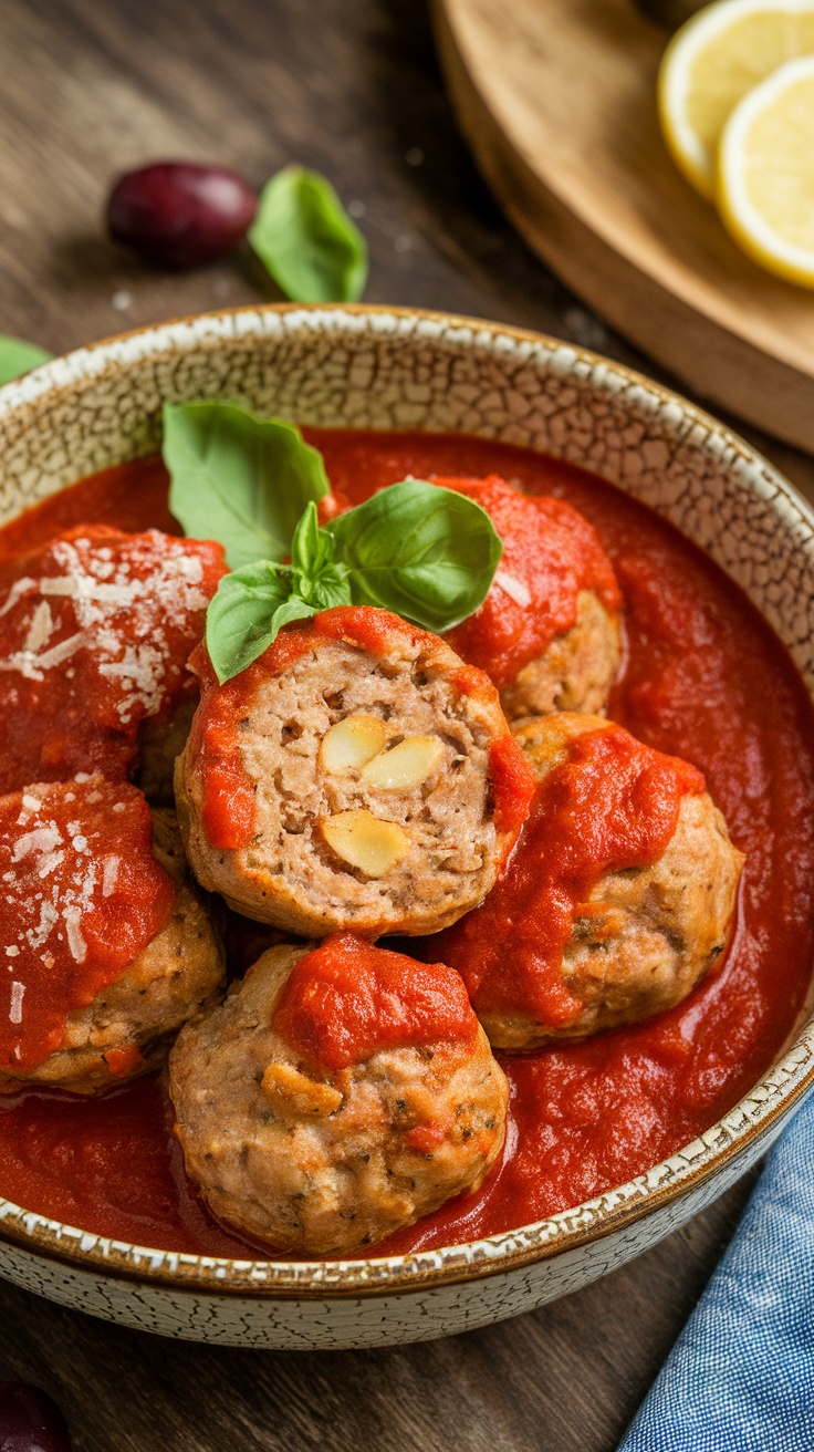 A bowl of turkey meatballs in marinara sauce garnished with basil.