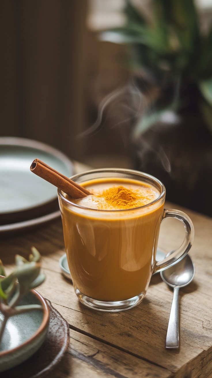 A steaming cup of turmeric honey coffee with a cinnamon stick.