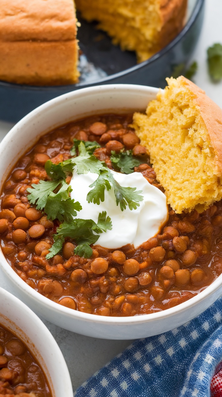 A bowl of vegetarian chili with lentils topped with cilantro and a dollop of sour cream, alongside a piece of cornbread.