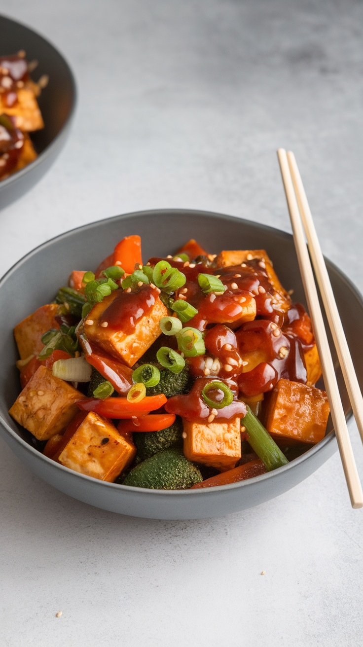 A bowl of veggie tofu stir-fry with colorful vegetables and tofu cubes, topped with green onions.