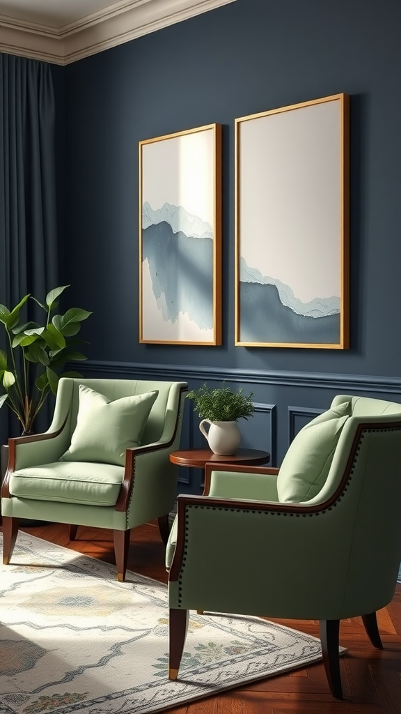 A living room with sage green accent chairs against a navy blue wall, featuring artwork and a small plant.