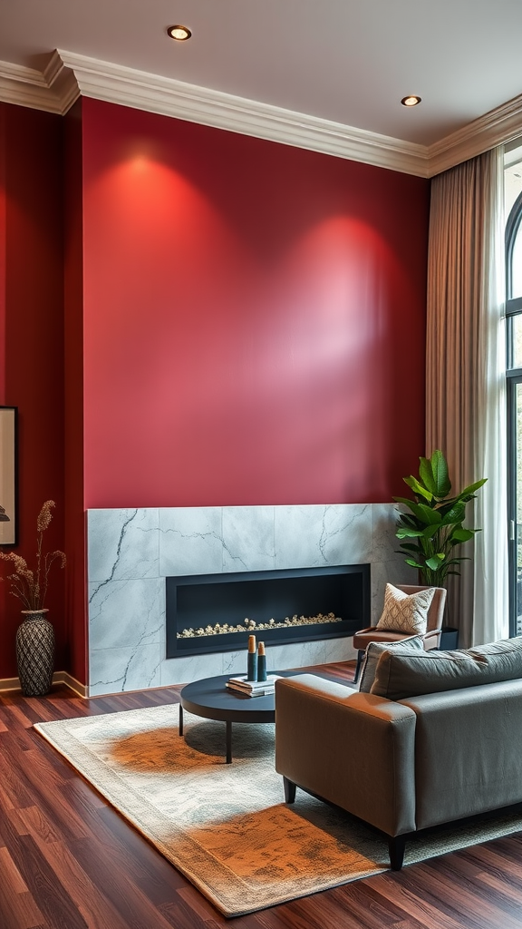 A stylish living room featuring a deep red accent wall, modern fireplace, and contemporary furnishings.
