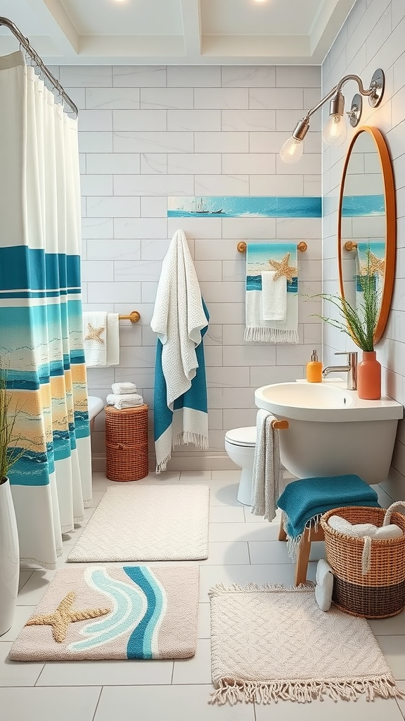 A coastal-themed bathroom featuring aquatic linens, including a shower curtain and rugs with beach designs.