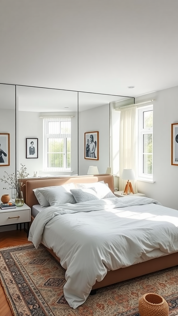 A modern Scandinavian bedroom featuring a large mirror, soft bedding, and framed artworks.