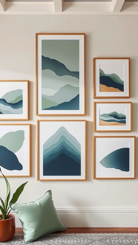 Wall decor featuring artistic prints in sage green and navy blue, arranged stylishly with a green pillow and a plant.