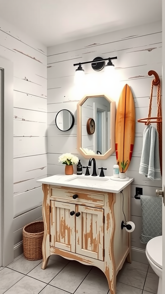 Coastal bathroom with a rustic vanity, surfboard decoration, and stylish lighting.