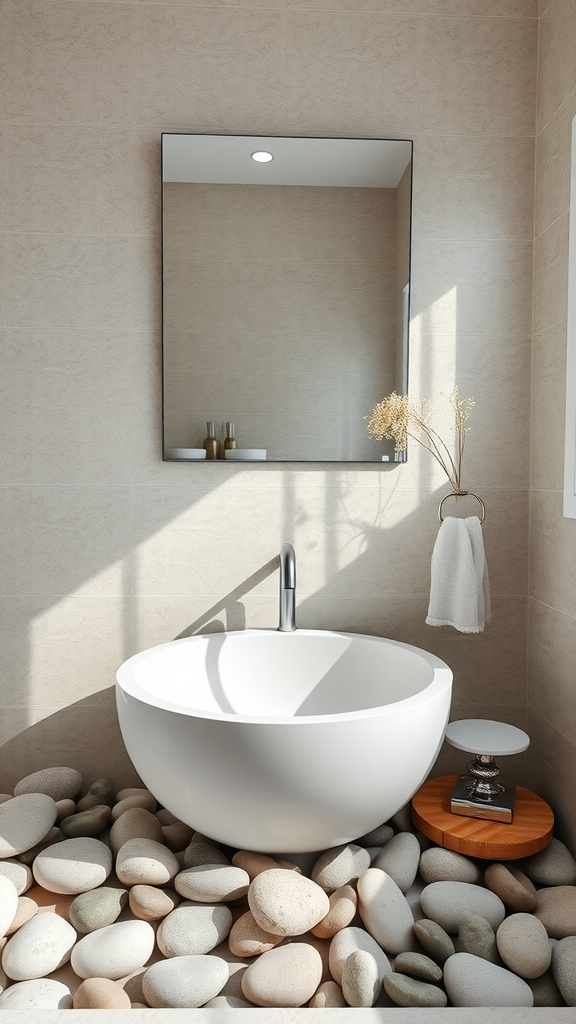 A modern bathroom featuring a round white bathtub surrounded by smooth beach stones, with a large mirror and natural light.