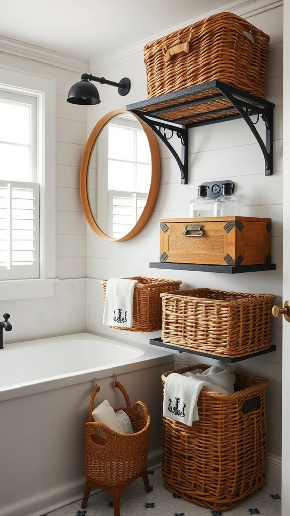 Stylish bathroom storage with woven baskets and a modern mirror.