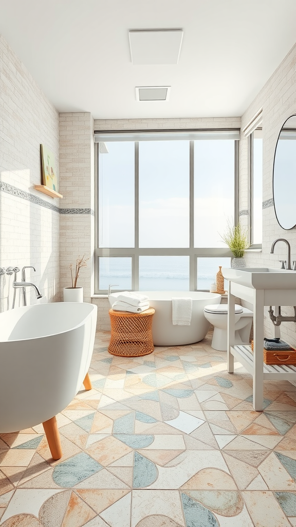 A bright and airy bathroom featuring beachy tile designs with colorful patterns.