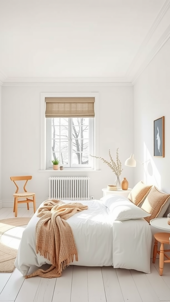 A bright and airy bedroom with natural light, featuring rustic wooden furniture and soft bedding.