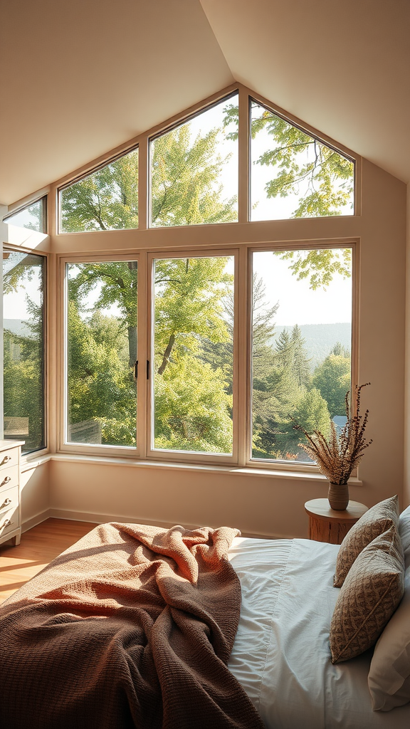 A cozy bedroom with large windows overlooking lush green trees, featuring a warm-toned blanket on the bed.