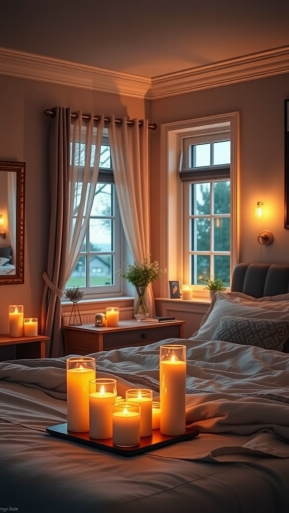 Cozy bedroom with candlelight creating a warm atmosphere.