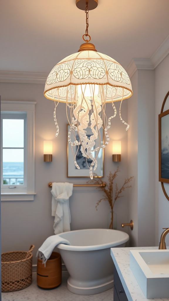 A coastal-inspired lighting fixture hanging in a bathroom with a bathtub and natural decor.