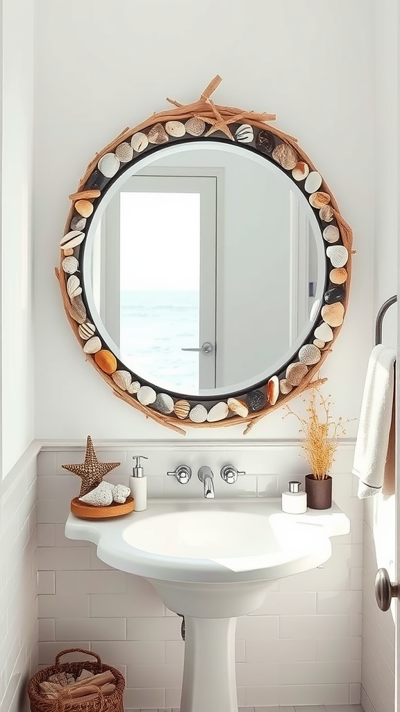 A coastal-themed round mirror decorated with seashells and a starfish, hanging above a white sink in a bathroom.