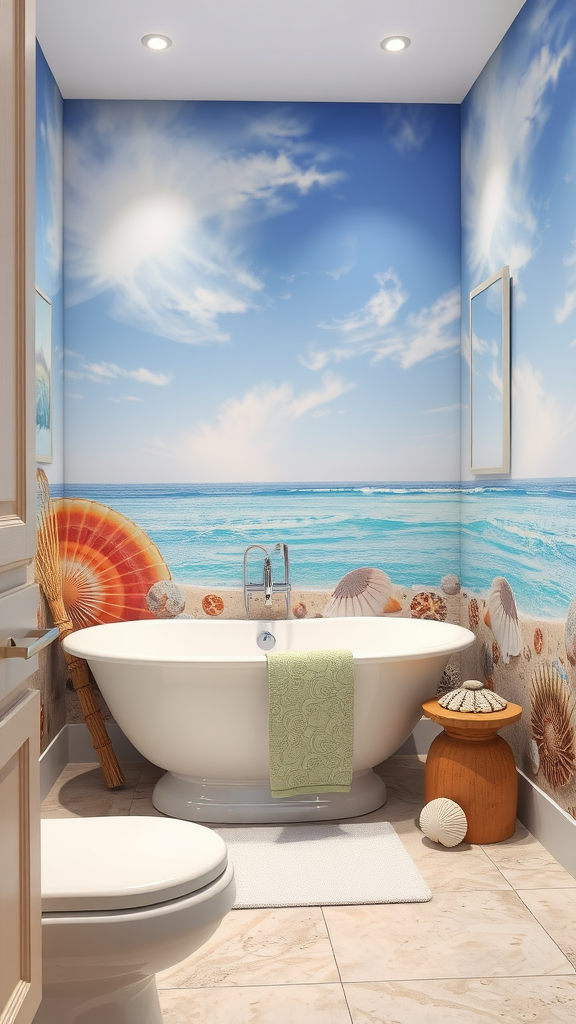 A bathroom with coastal-themed wall decals featuring a beach scene and seashells.