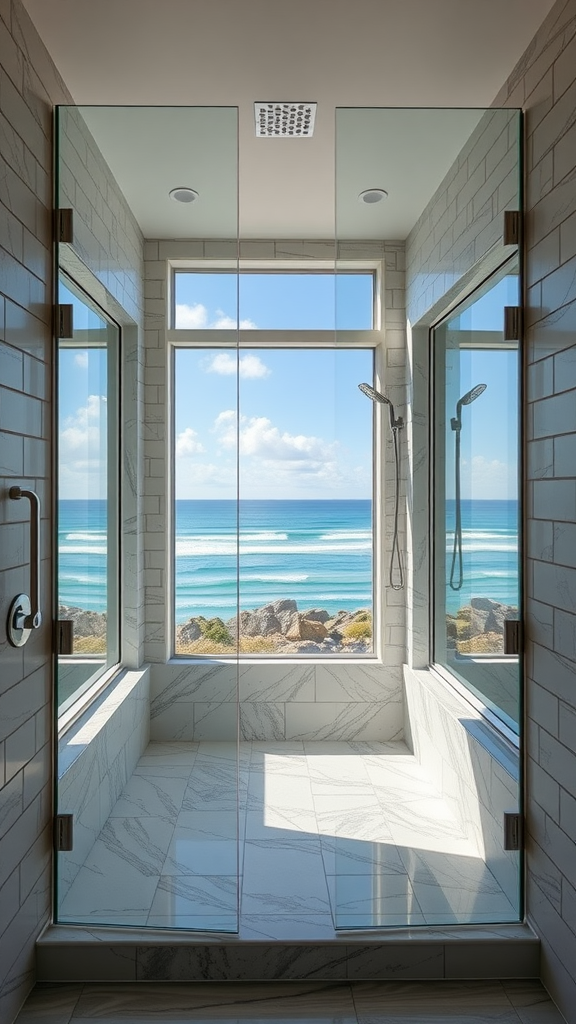 A luxurious shower with glass walls and stunning views of the ocean.